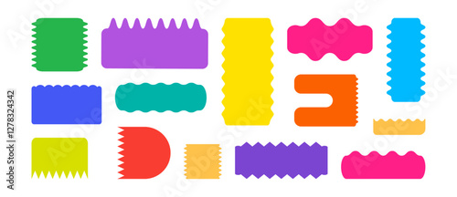 Zig zag shape stamp, frame corrugated, wavy border, sticker wave edge, curvy badge, colorful silhouette geometric form isolated on white background. Vector illustration