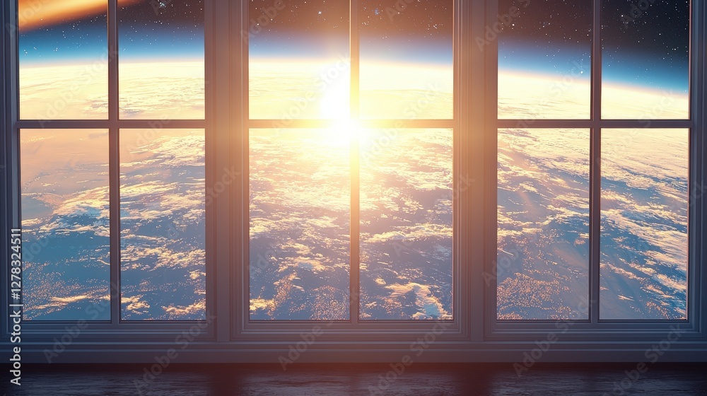 Fototapeta premium Breathtaking sunrise over Earth viewed from a large window, showcasing vibrant colors and a stunning panoramic view of our planet.