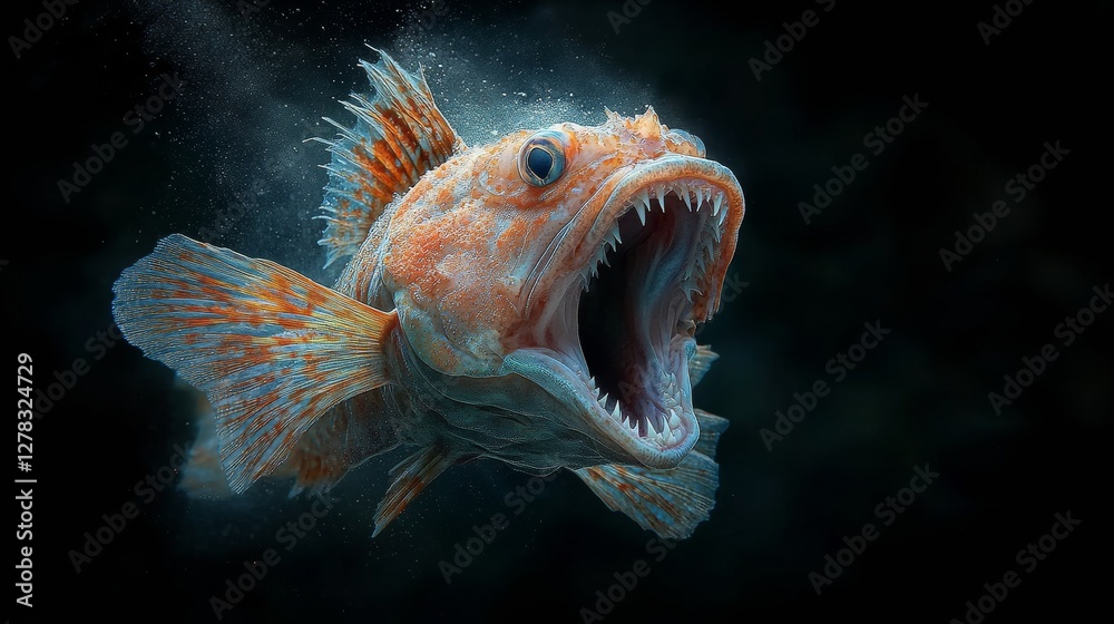 Fototapeta premium Exploring the Enigmatic World of the Deep Sea Anglerfish and Its Mesmerizing Bioluminescent Lure for Attracting Prey Underwater