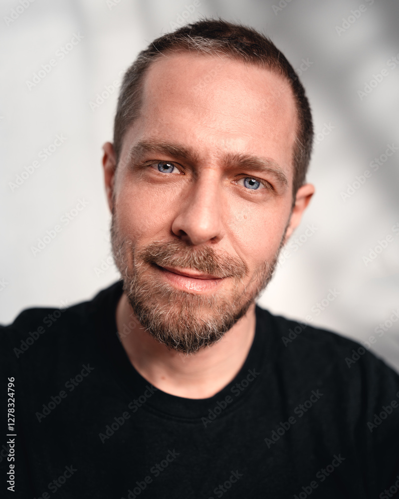 Freundliches Close-up-Porträt eines Mannes mit kurzem Bart und blauen Augen. Er trägt ein schwarzes T-Shirt und blickt entspannt in die Kamera. Der unscharfe Hintergrund mit sanften Licht- und Schatte Freundliches Close-up-Porträt eines Mannes mit kurzem Bart und blauen Augen. Er trägt ein schwarzes T-Shirt und blickt entspannt in die Kamera. Der unscharfe Hintergrund mit sanften Licht- und Schatte
