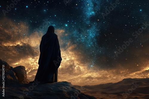 ancient shepherd gazing at starlit desert sky, flowing robes catching wind, biblical scene with dramatic chiaroscuro lighting