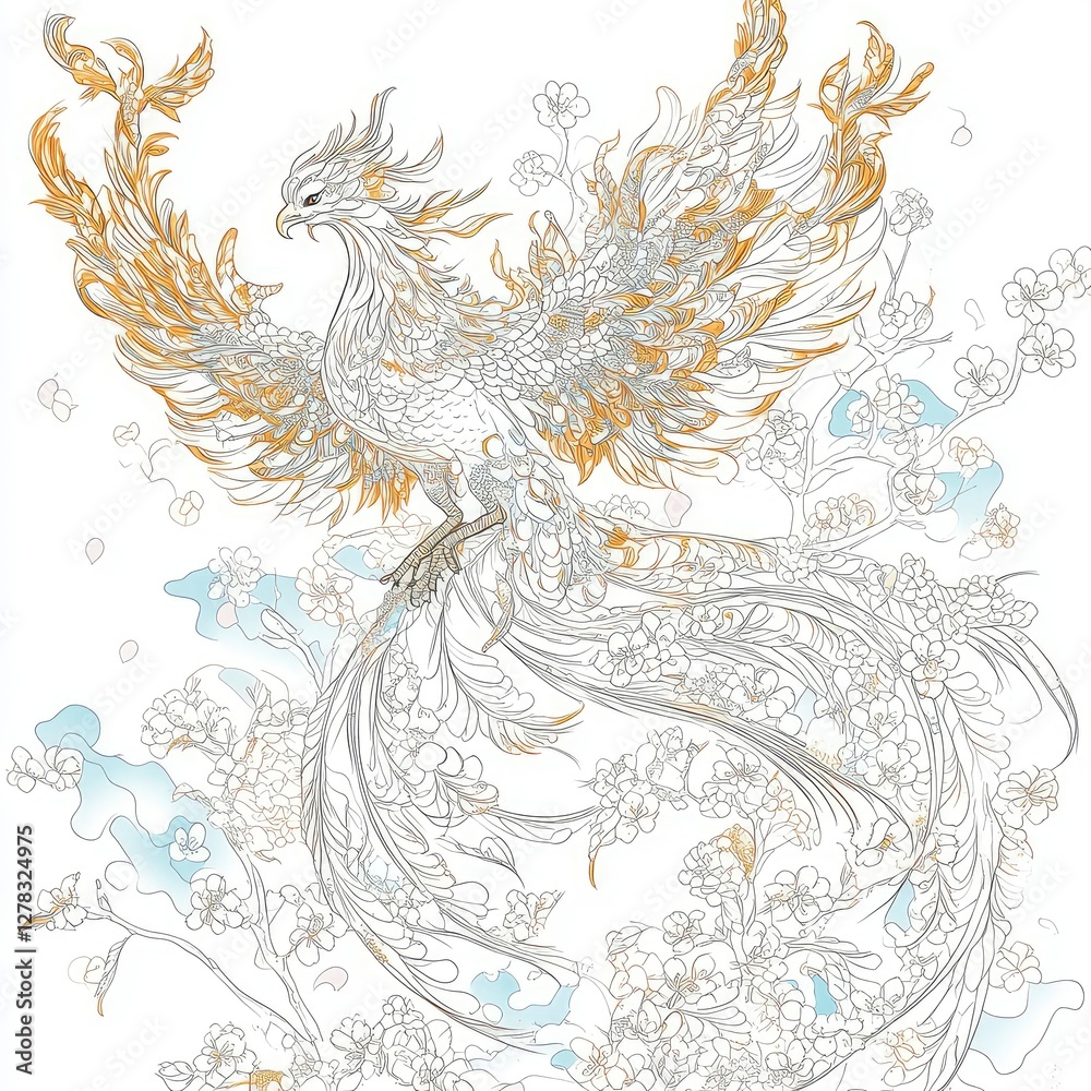 Fototapeta premium Elegant Gold and White Phoenix Bird with Cherry Blossoms
