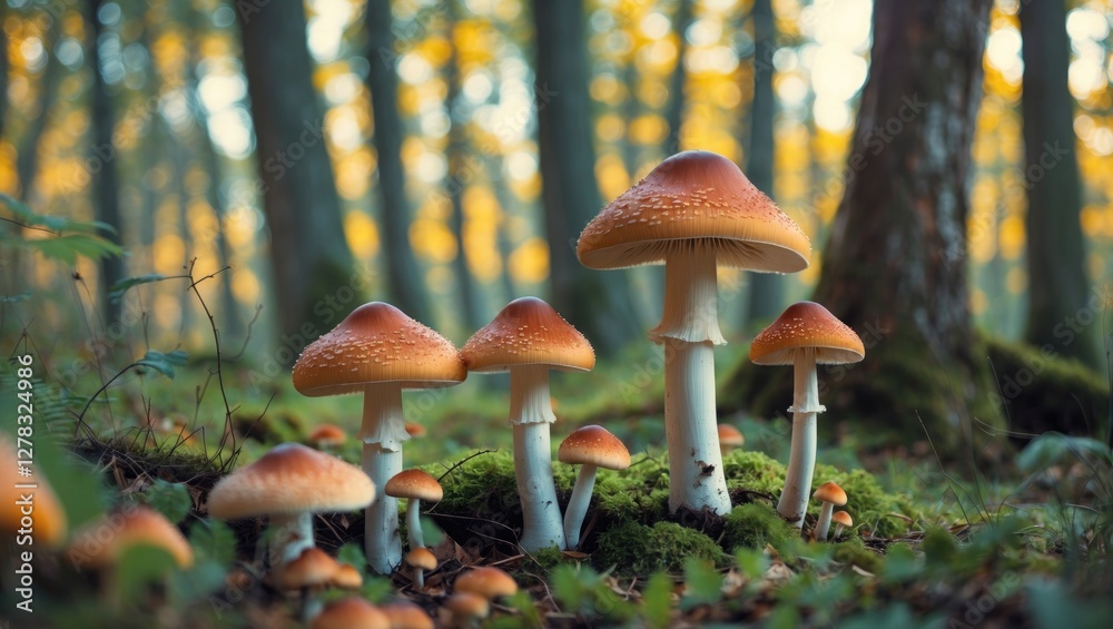 Mushrooms Growing In A Lush Sunny Forest With Natural Light And Space For Text Overlay Mushrooms Growing In A Lush Sunny Forest With Natural Light And Space For Text Overlay