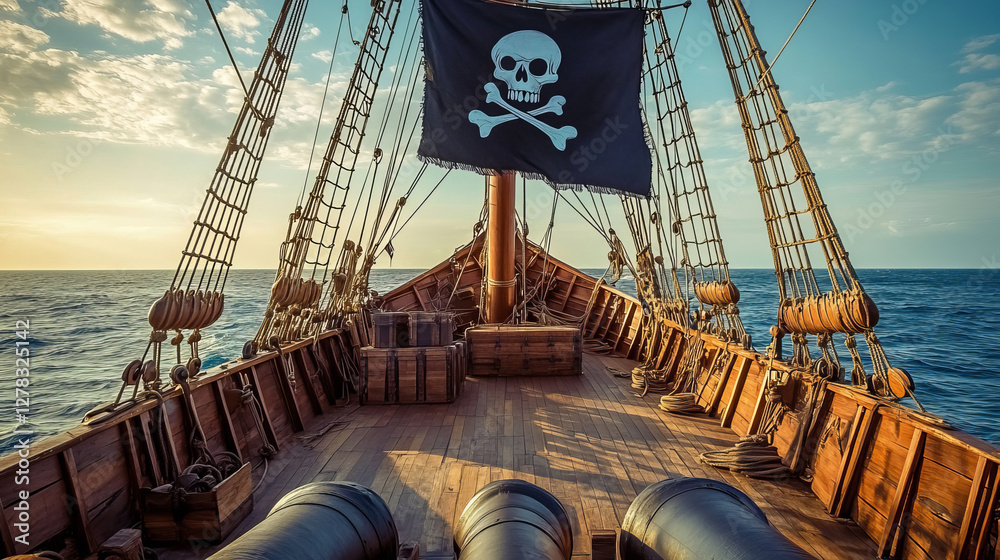 Fototapeta premium Pirates party flyer, invitation for adventure game or event. Vector poster with cartoon illustration of sea, pirate ship wooden deck with cannon and black flag with skull