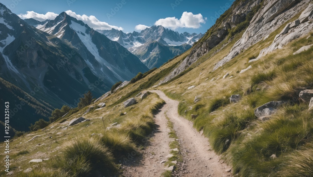Fototapeta premium Scenic Mountain Trail Surrounded By Lush Greenery With Open Space For Text Overhead