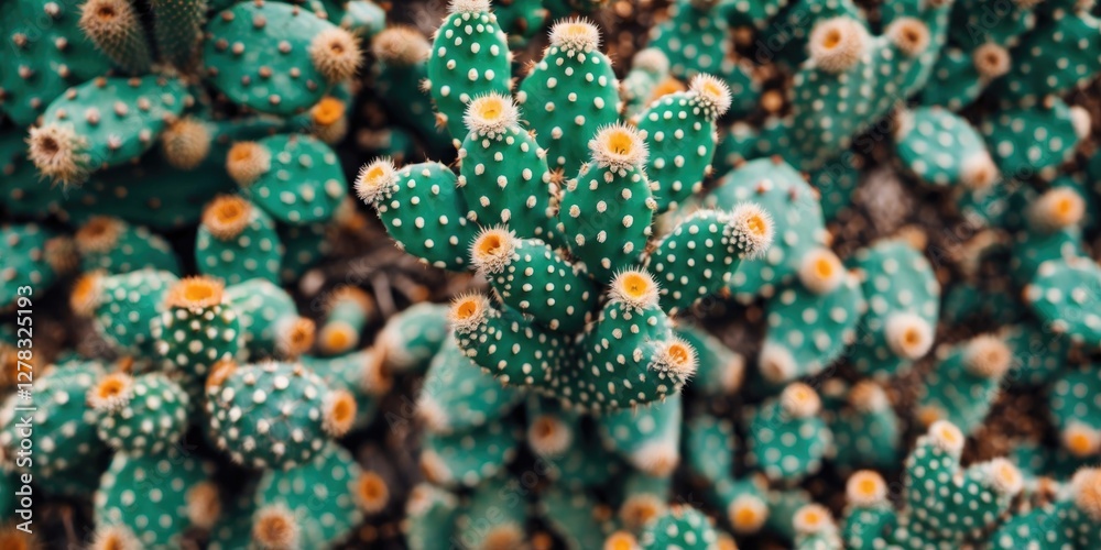 Fototapeta premium Vibrant close-up of clustered cactus plants showcasing intricate leaves and textures in a natural background setting.