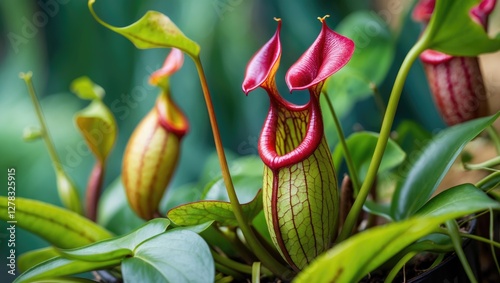 Vibrant Nepenthes Mirabilis pitchers in lush natural habitat showcasing unique shapes and colors with space for text overlay. photo