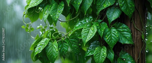 Fresh Virginia Creeper Leaves Glistening with Raindrops in Early Summer Rain Against a Wooden Background Closeup of Vibrant Green Foliage photo