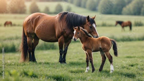 Newborn foal interacting with its mother in a serene meadow setting with ample space for text or promotional content.