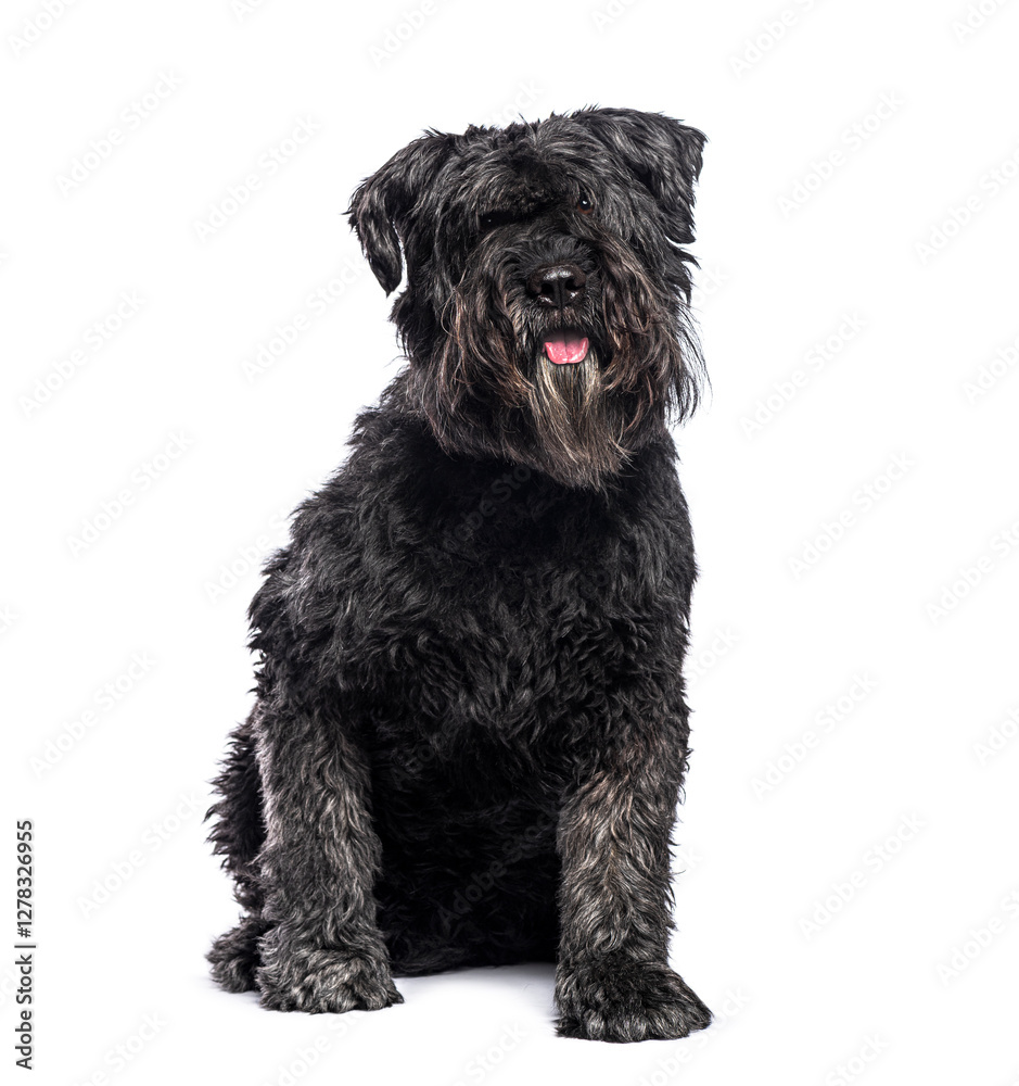 Bouvier des flandres dog sitting and panting on white background Bouvier des flandres dog sitting and panting on white background