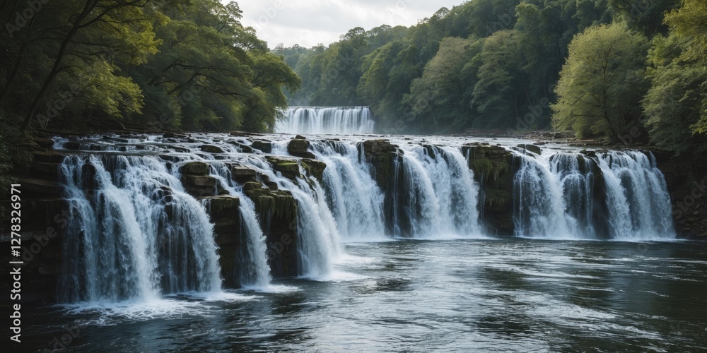 Serene Waterfall Cascading Over Rocks Surrounded By Lush Green Forest Landscape With Space For Text Overlay Serene Waterfall Cascading Over Rocks Surrounded By Lush Green Forest Landscape With Space For Text Overlay