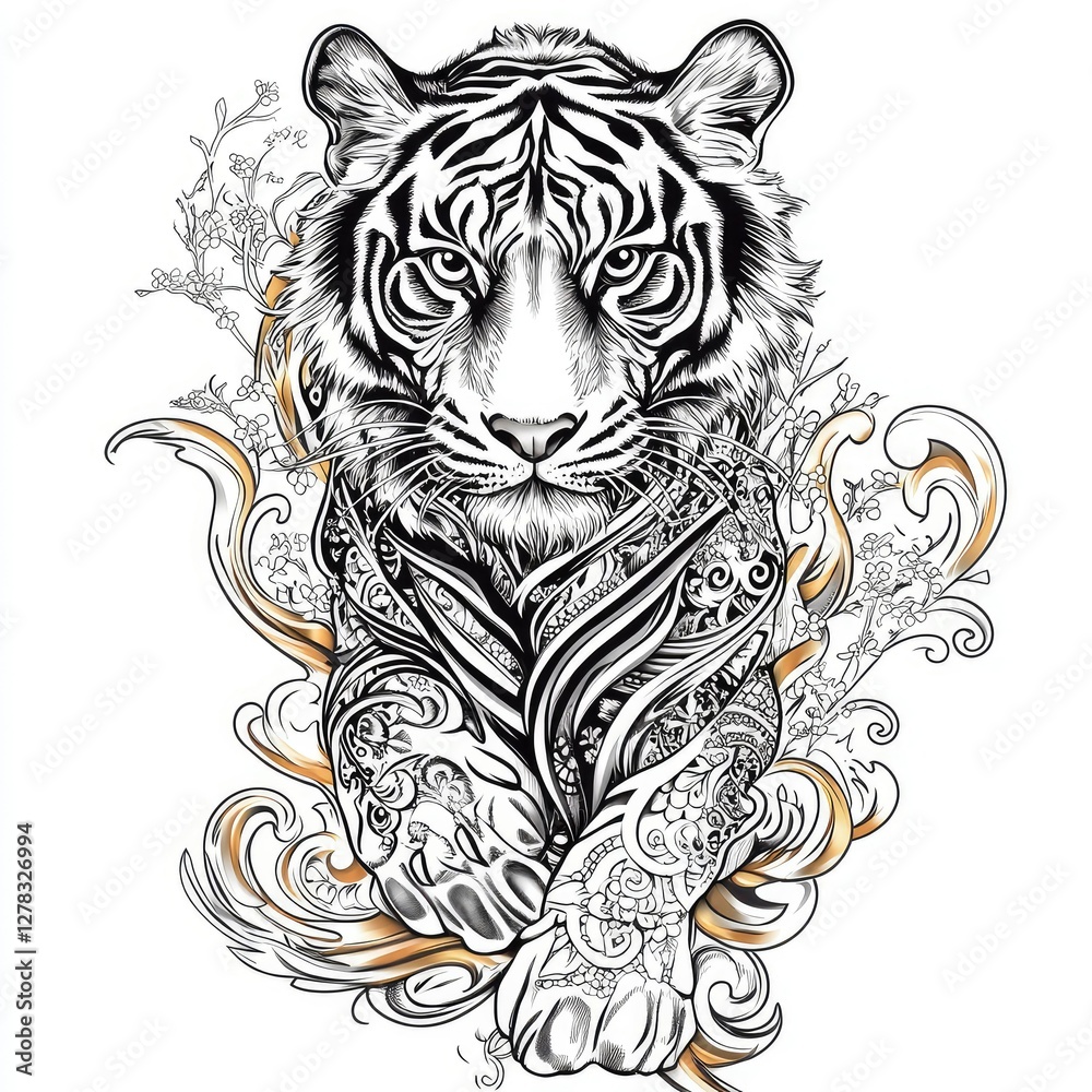 Fototapeta premium Ornate White Tiger in Floral Frame Majestic Tattoo-Style Design