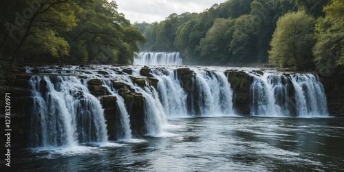Serene Waterfall Cascading Over Rocks Surrounded By Lush Green Forest Landscape With Space For Text Overlay