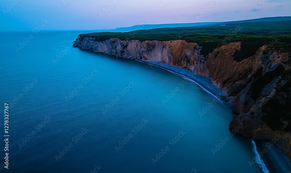 Dramatic coastline panorama featuring cliffs, forest and tranquil blue sea Dramatic coastline panorama featuring cliffs, forest and tranquil blue sea