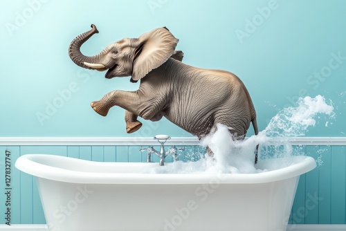 Cartoon elephant is in a bathtub, splashing water everywhere. The elephant is having a great time and seems to be enjoying the bath. Concept of fun and playfulness