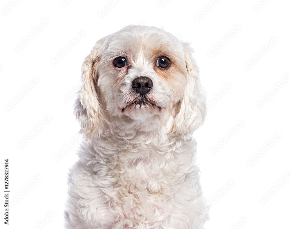 Adorable white cavachon dog looking at camera on white background