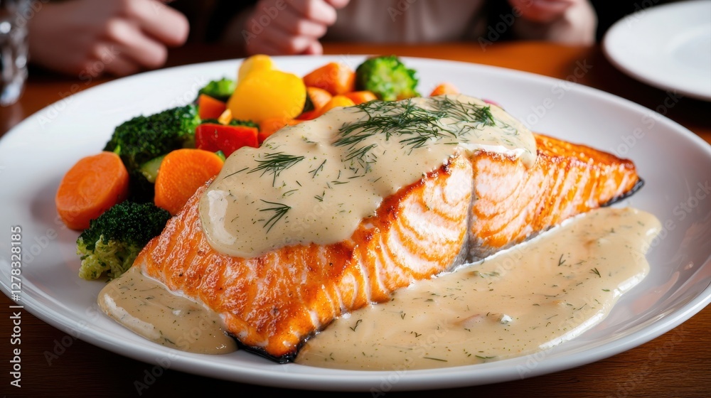 A delicious plate of salmon fillet topped with creamy sauce, served alongside colorful vegetables featuring broccoli, carrots, and bell peppers. A delicious plate of salmon fillet topped with creamy sauce, served alongside colorful vegetables featuring broccoli, carrots, and bell peppers.