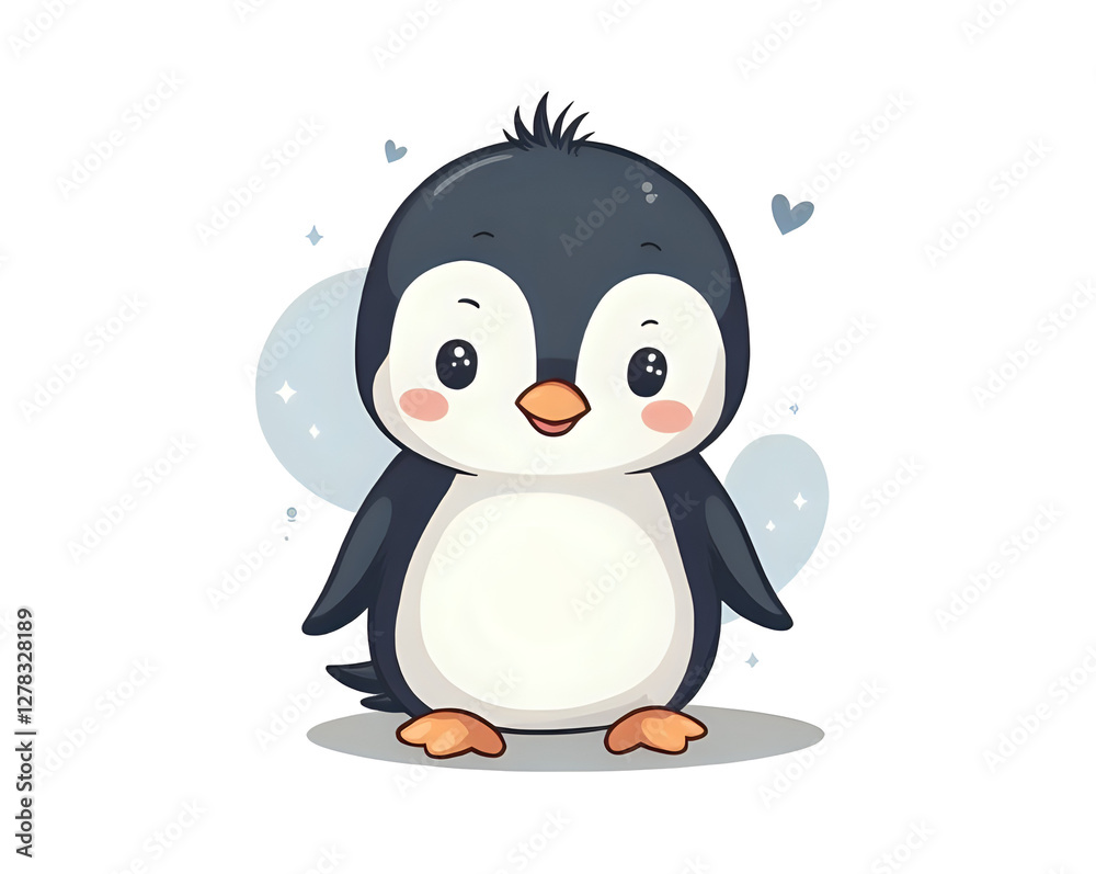 Obraz premium Funny penguin cartoon with transparent background - hearts and glitter graphics, orange and black details, orange beak and feet