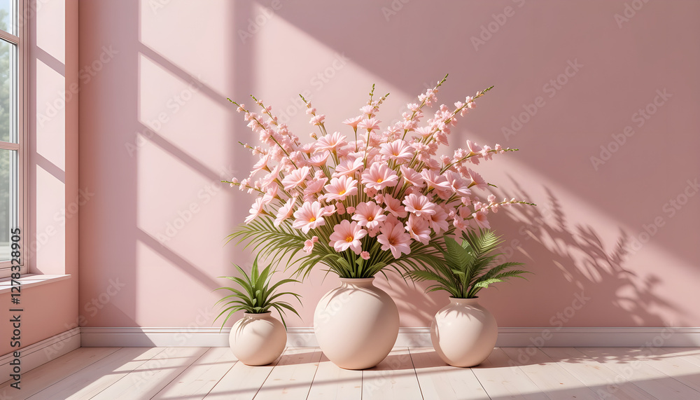 Fototapeta premium pink flowers and plants, texture, Luxurious Floral Still Life with Pink and Green Details