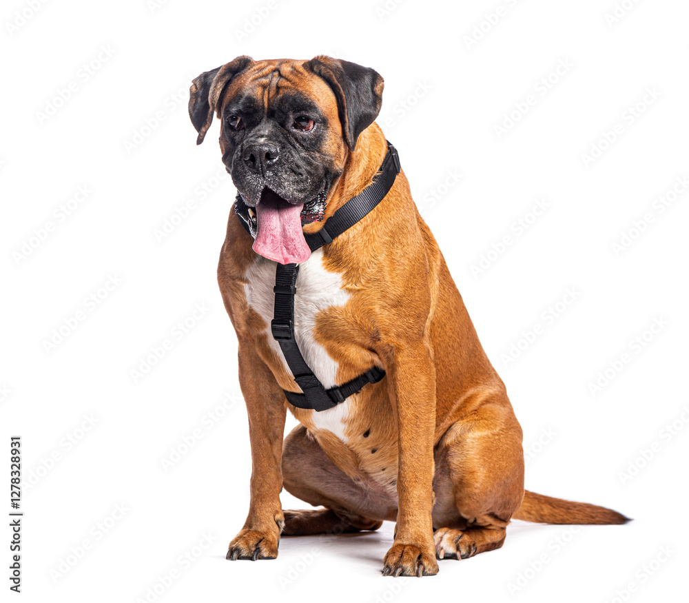 Boxer dog sitting and panting with harness on white background Boxer dog sitting and panting with harness on white background