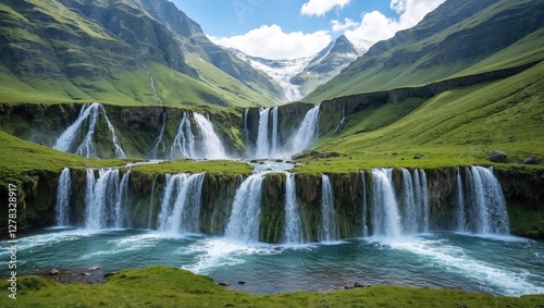 Majestic waterfalls cascading down lush green slopes with stunning mountain backdrop under a bright blue sky. Nature's serene beauty captured.