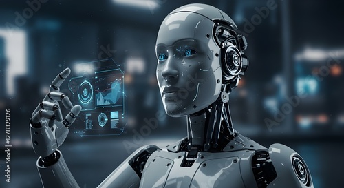 Robot de inteligencia artificial cinematográfico con características cibernéticas futuristas e interfaz luminosa – Tecnología del futuro de ciencia ficción