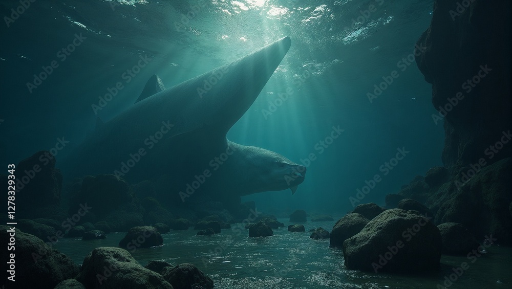 Fototapeta premium Mystical underwater sanctuary with a glowing sea witch surrounded by ancient ruins and magical bubbles 