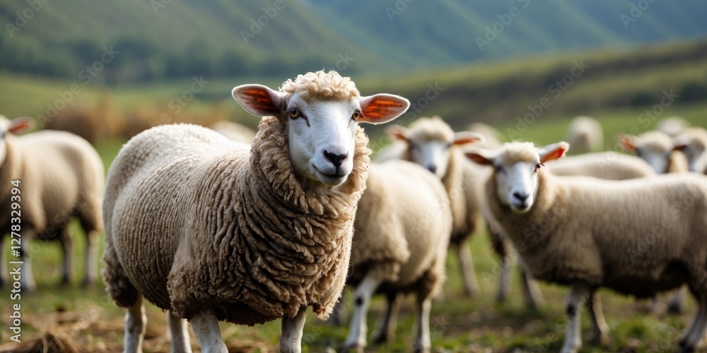 Fototapeta premium Sheep grazing in lush green pastures with empty space for text, natural rural landscape with flock in foreground and hills in background