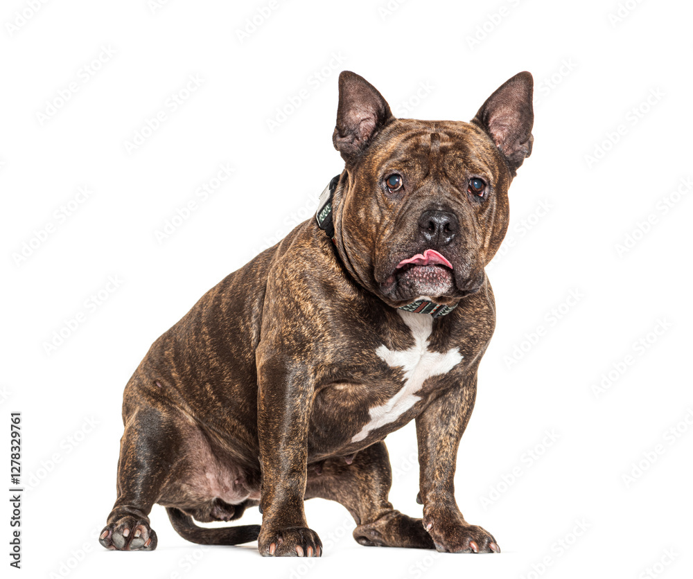 American bully dog sitting and panting on white background American bully dog sitting and panting on white background