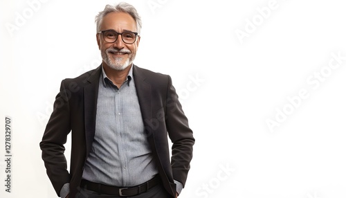 Smiling confident mature man in suit against white backdrop