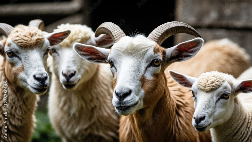 Flock of Domestic Goats and Sheep with Distinct Features in Rustic Farm Setting Flock of Domestic Goats and Sheep with Distinct Features in Rustic Farm Setting