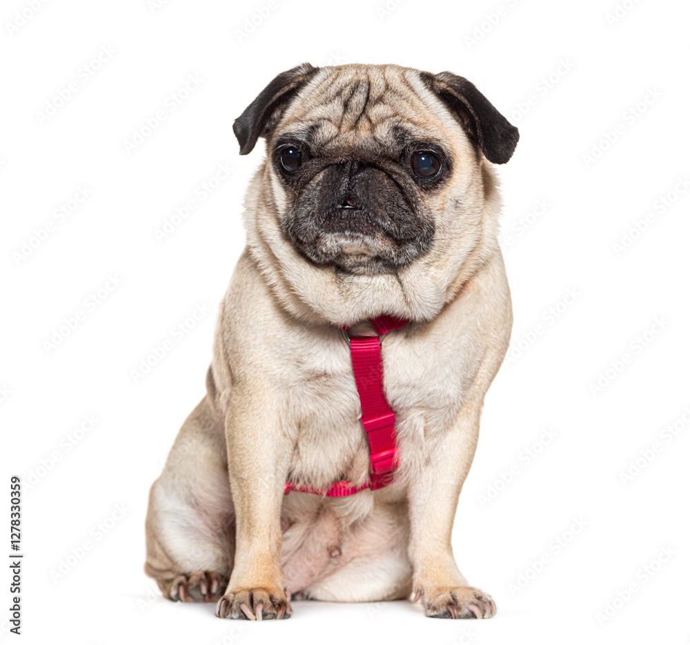 Pug wearing a red harness sitting and looking forward Pug wearing a red harness sitting and looking forward