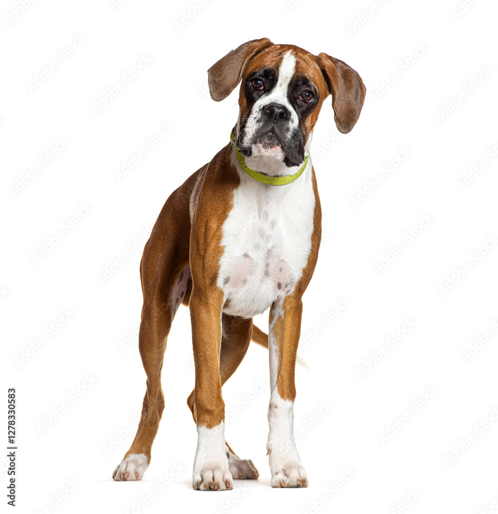 Boxer dog standing and wearing a green collar Boxer dog standing and wearing a green collar