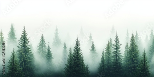 Early morning fog blankets a dense forest of evergreen trees, creating a serene and mysterious atmosphere in the natural landscape