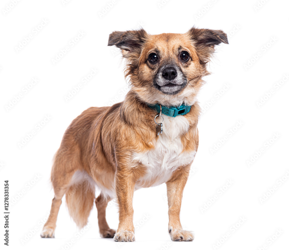 Mixed breed dog standing and wearing a collar with tag Mixed breed dog standing and wearing a collar with tag