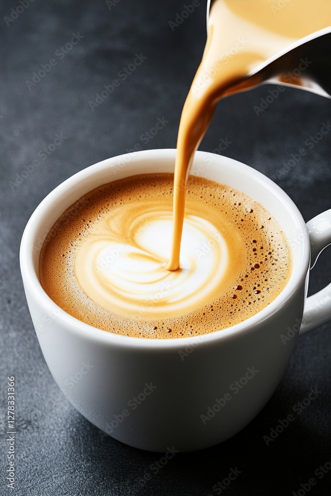 A skilled barista pours creamy coffee into a white mug, creating beautiful latte art, as warm light fills the cozy cafe during the morning hours