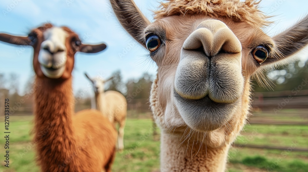 Obraz premium Two camels are standing in a field, one of which is looking at the camera. The other camel is looking away