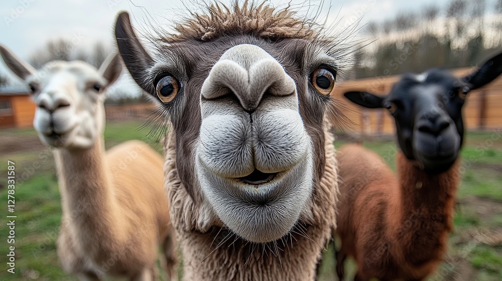 Obraz premium Three llamas are standing in a field, one of which is smiling. The other two are looking at the camera