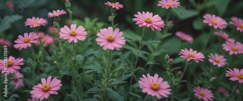 Charming Pink Daisies Blooming Vibrantly in a Lush Green Garden
