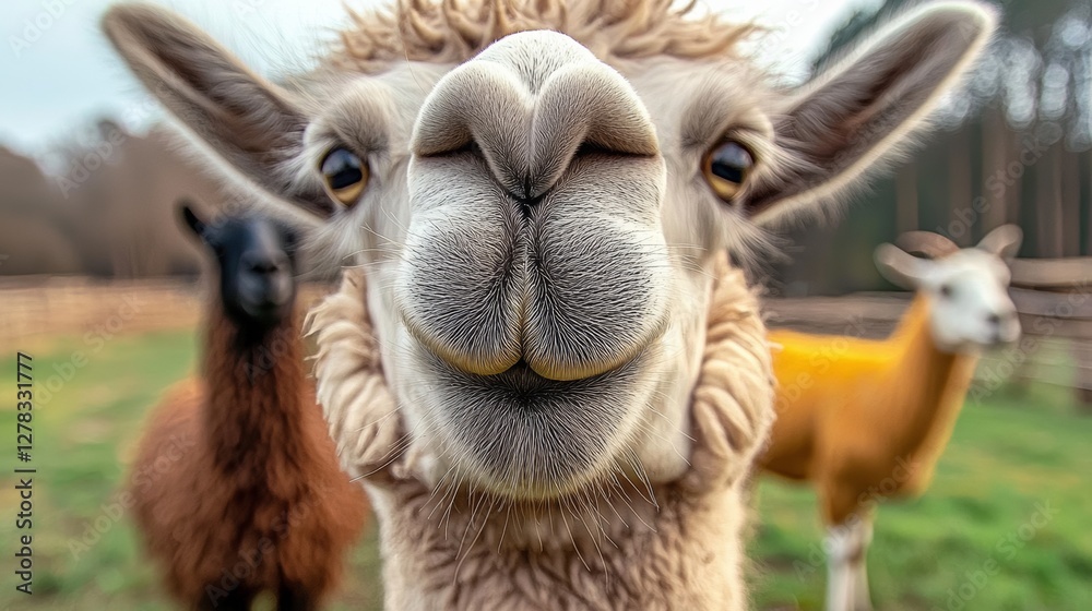 Obraz premium Camel is looking at the camera with its mouth open. A sheep is standing behind it. The scene is set in a grassy field