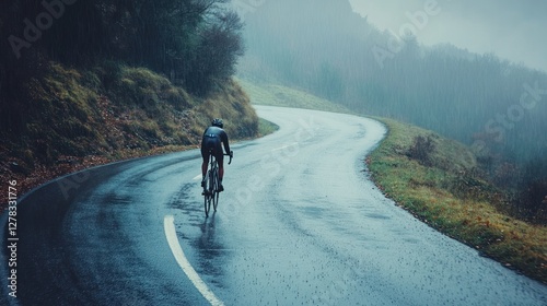 Cyclist riding alone on a winding road in the rain.