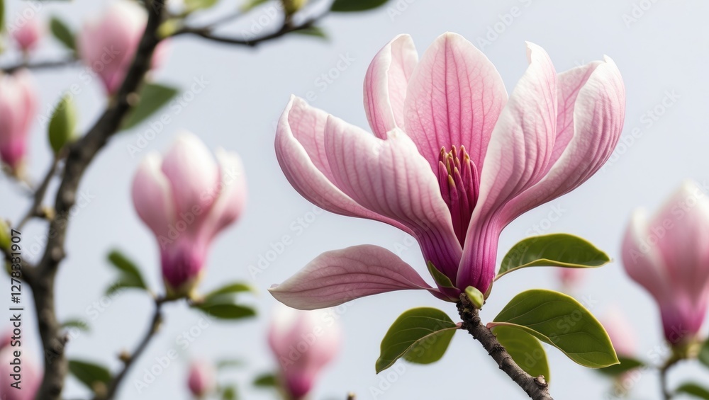 Fototapeta premium Graceful Pink Magnolia Bloom Against Soft Background in Natural Light Showcase of Delicate Petals and Green Leaves