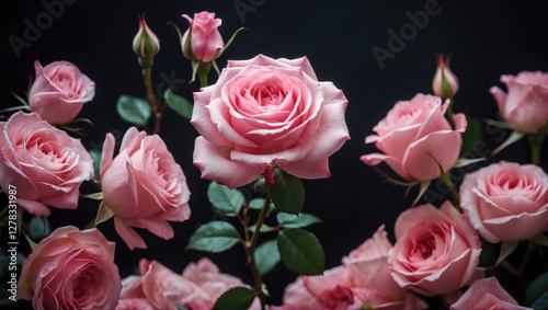 Elegant Pink Roses with Green Leaves on Dark Background for Floral Decoration and Design Projects photo