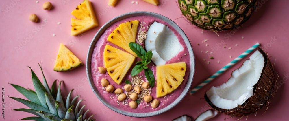 Tropical Smoothie Bowl with Pineapple, Coconut and Carambola Garnish on Pink Background Healthy Vegan Food Concept Tropical Smoothie Bowl with Pineapple, Coconut and Carambola Garnish on Pink Background Healthy Vegan Food Concept