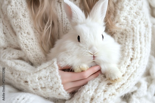 A white rabbit rests gently in its owner's hands, wrapped in a soft knitted sweater

