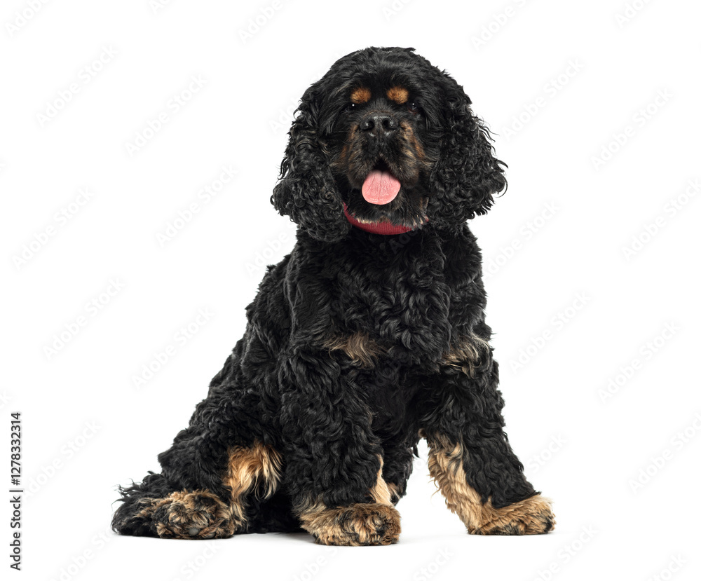 American cocker spaniel sitting and panting with red collar American cocker spaniel sitting and panting with red collar