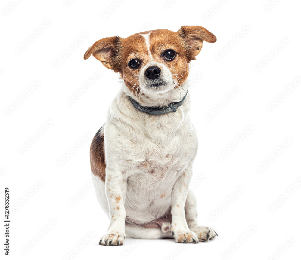 Small dog sitting and wearing a collar on white background Small dog sitting and wearing a collar on white background