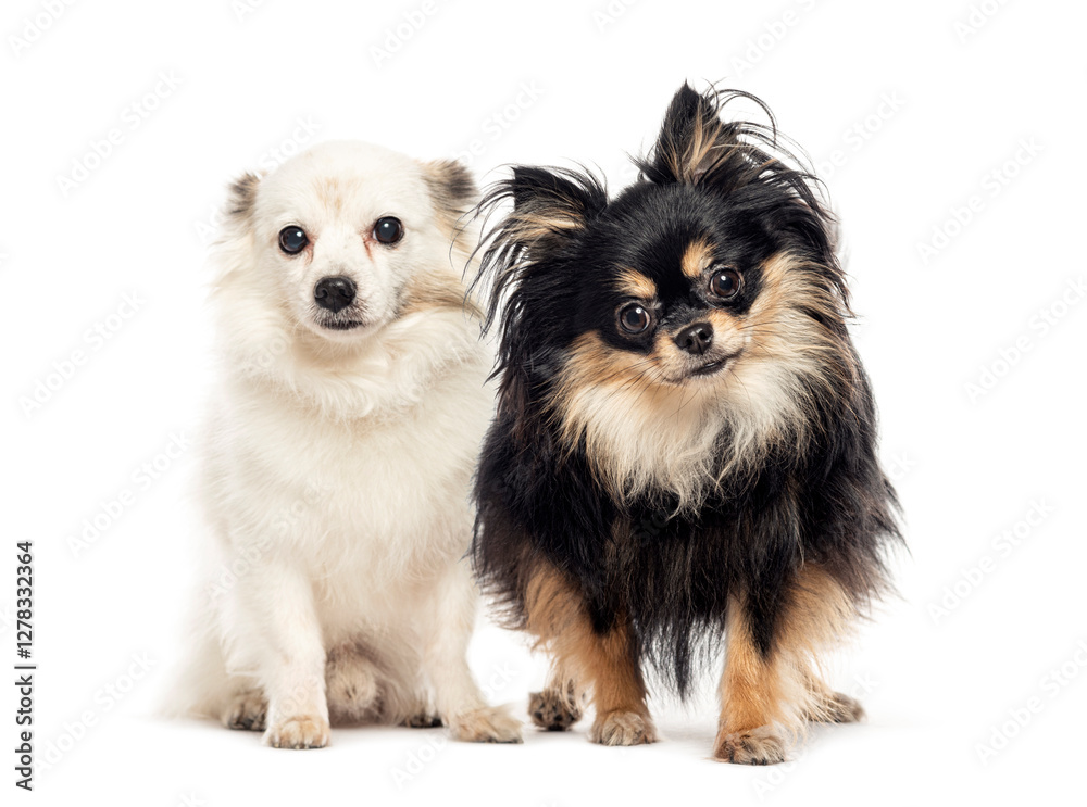 Two adorable dogs posing together on white background Two adorable dogs posing together on white background