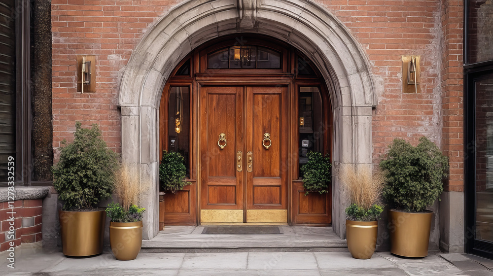 Medieval wooden doors in stone arch in in old house, castle or church. Vector cartoon illustration of ancient interior with brick wall and wood gates with golden handle and hinges Medieval wooden doors in stone arch in in old house, castle or church. Vector cartoon illustration of ancient interior with brick wall and wood gates with golden handle and hinges