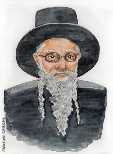 Watercolor hand drawn portrait of a rabbi (rebbe) in glasses, black hat and jacket, old religious jewish man with long 
sidelocks, orthodox judaic aged person. Israel traditional culture and religion.